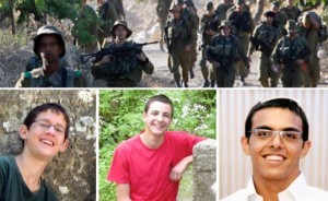 Clockwise, from top: Israeli soldiers take part in an operation to locate three Israeli teens near Hebron June 24; Missing Israeli teens Eyal Yifrach, Gilad Shaar and Naftali Frenkel. Photos from Reuters