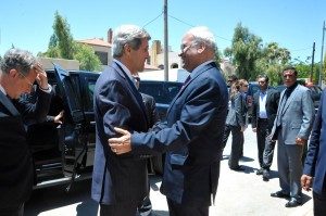 U.S. Secretary of State John Kerry is greeted by Saeb Erekat, chief negotiator for the Palestinian Authority in the eventually collapsed American-brokered Israel-Palestinian peace talks, before a meeting in Amman, Jordan, on June 28, 2013.