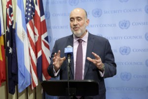 Israeli Ambassador to the U.N. Ron Prosor, pictured here speaking to journalists on July 10 following a U.N. Security Council meeting on the Israel-Hamas war, says it is "about time Jewish employees at the U.N won’t be obligated to work on Yom Kippur." Credit: UN Photo/Evan Schneider.