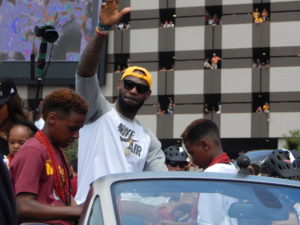 LeBron James waves to the crowd at the Cleveland Cavaliers' NBA championship parade on Wednesday. Credit: Cleveland Jewish News.
